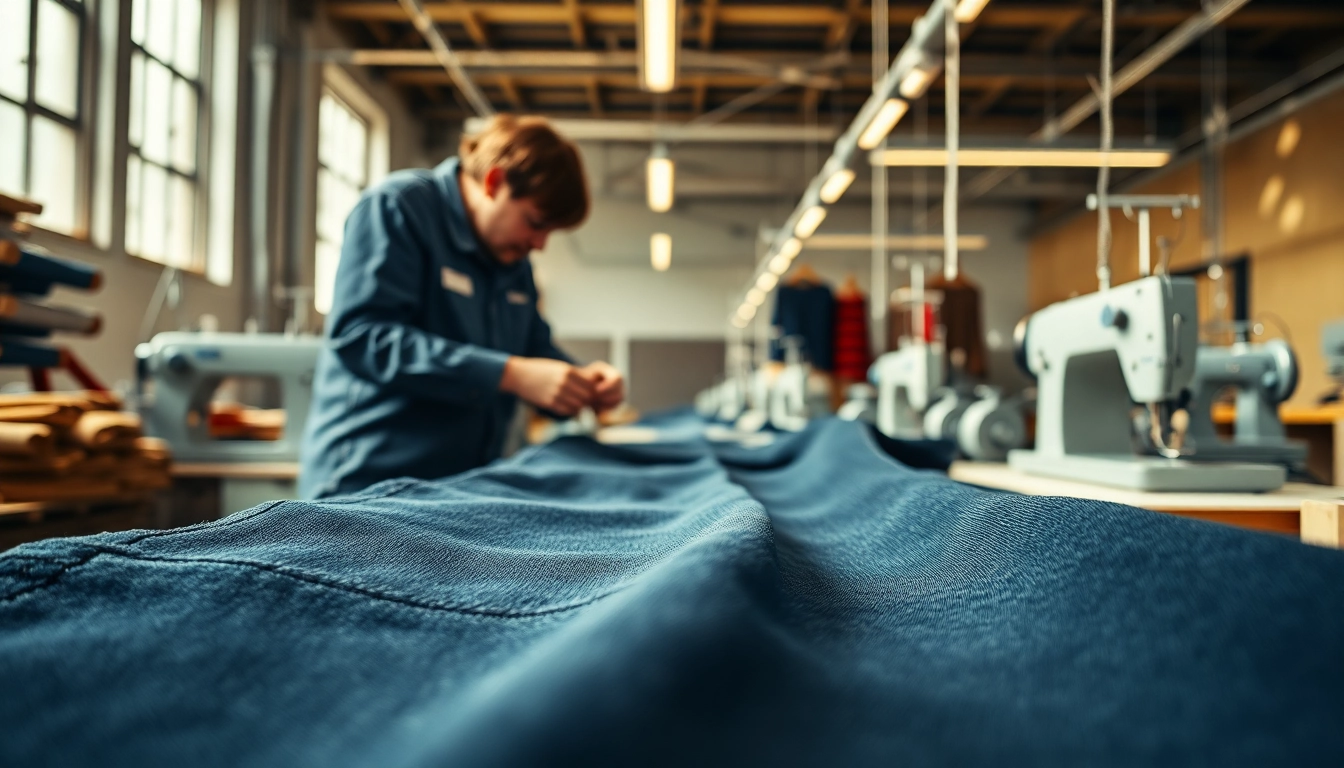 Skilled artisans working on high-quality jeans manufacturers in a modern factory setting.