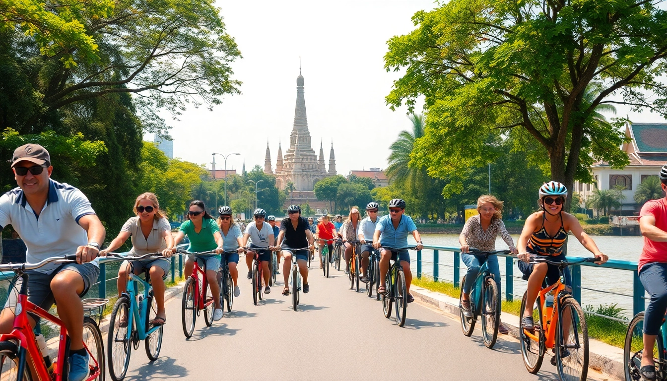 Cyclists enjoying bicycle rental bangkok scenery along a riverside path, showcasing a lively atmosphere.
