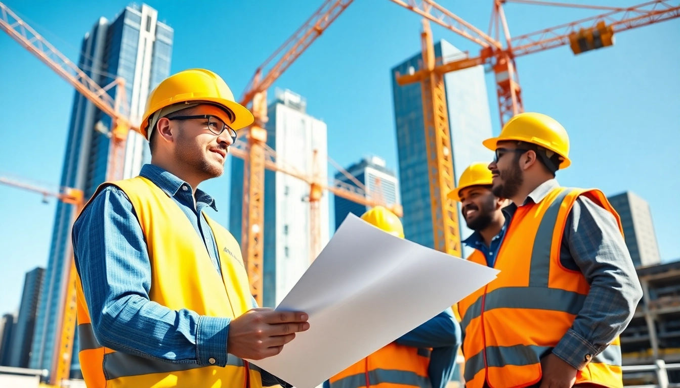 New York City Construction Manager overseeing a busy construction site with blueprints in hand.