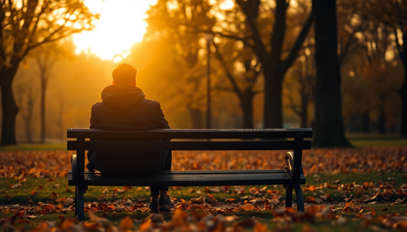 Contemplative figure reflecting on relationship breakup among autumn leaves.