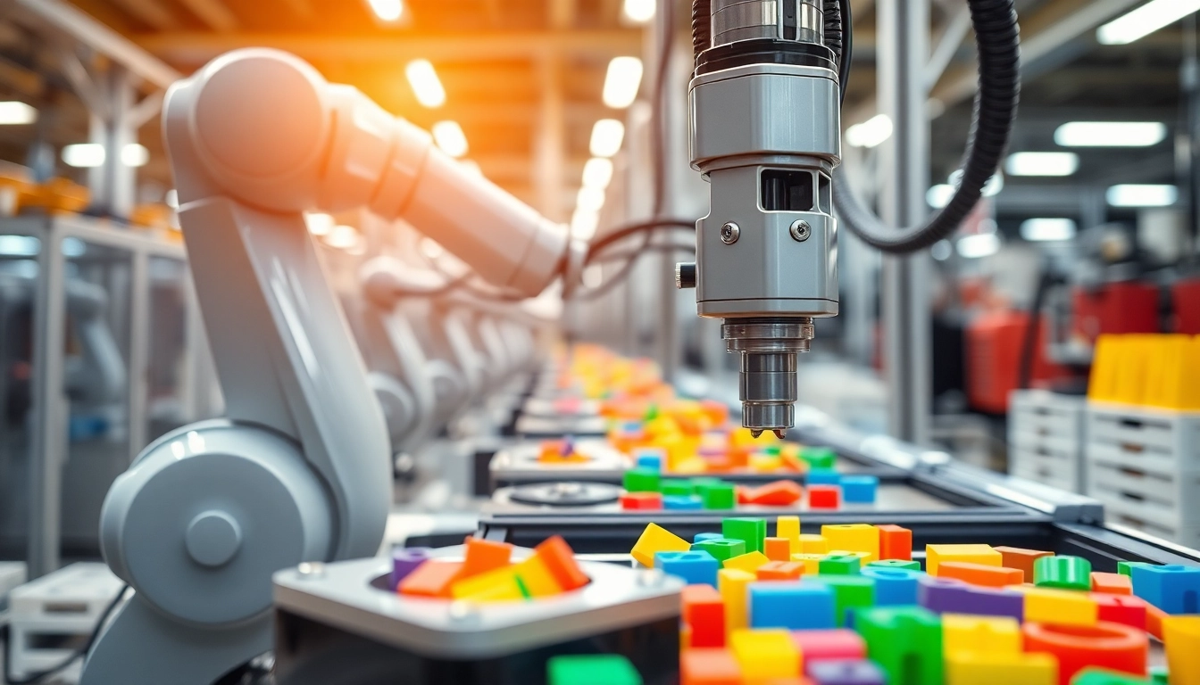 Injection Robot performing precision tasks on a manufacturing line with vibrant plastic products.