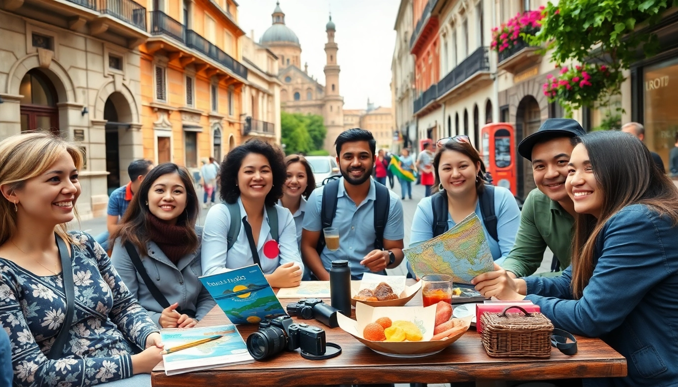 Enjoying a Europe tour package from Malaysia with friends amidst charming European scenery.