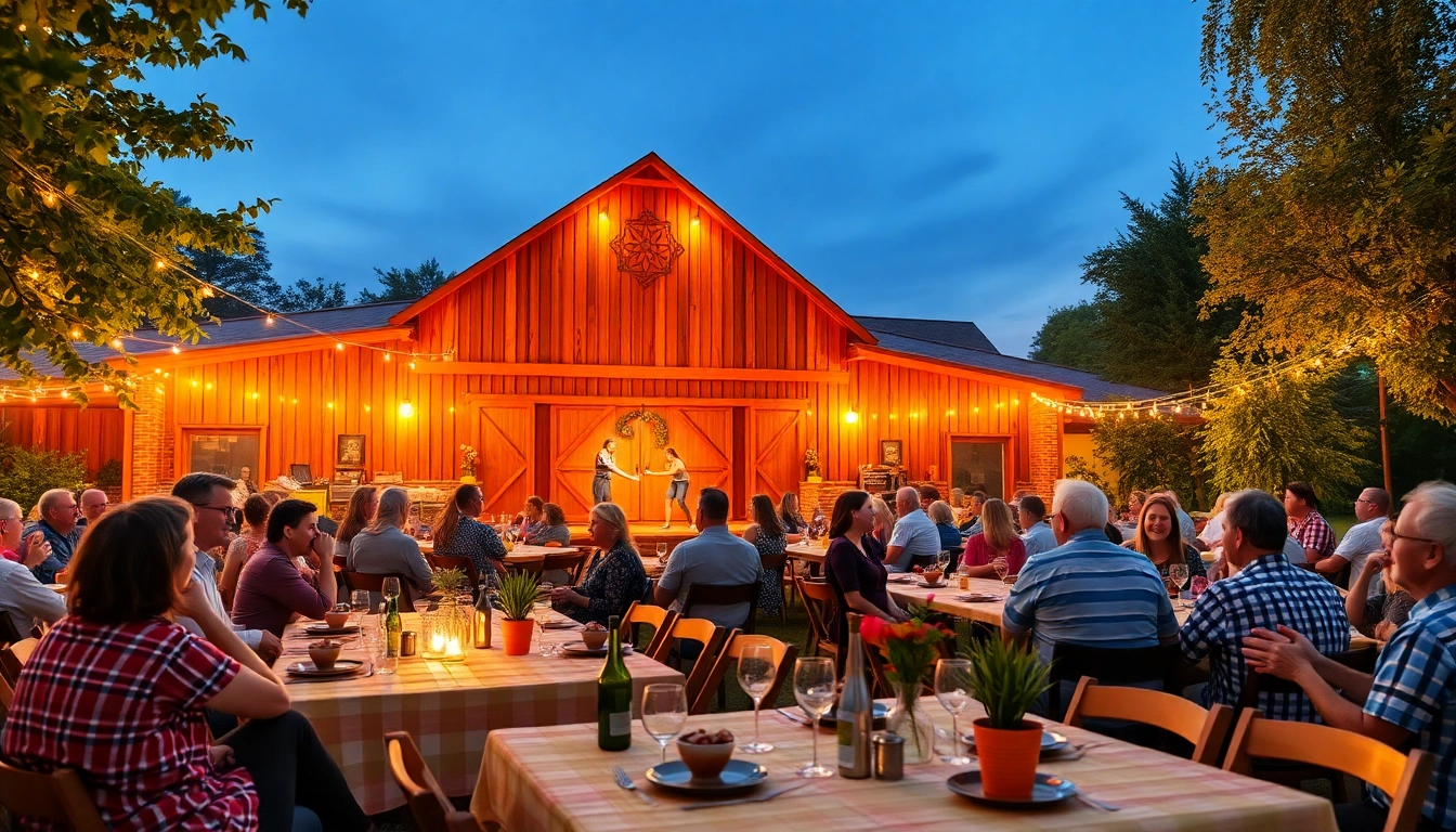 Families enjoying a lively performance at the firelight barn dinner theater.