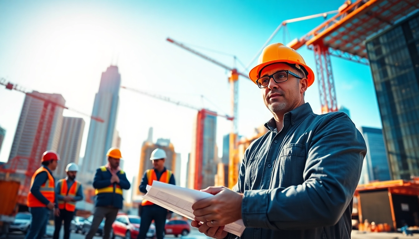 New York Construction Manager supervising a team on a busy construction site in New York City.