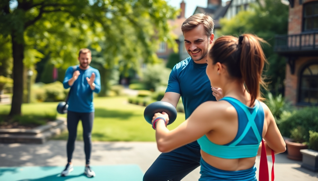 Dynamic personal trainer in Tunbridge Wells actively guiding a client through a workout.