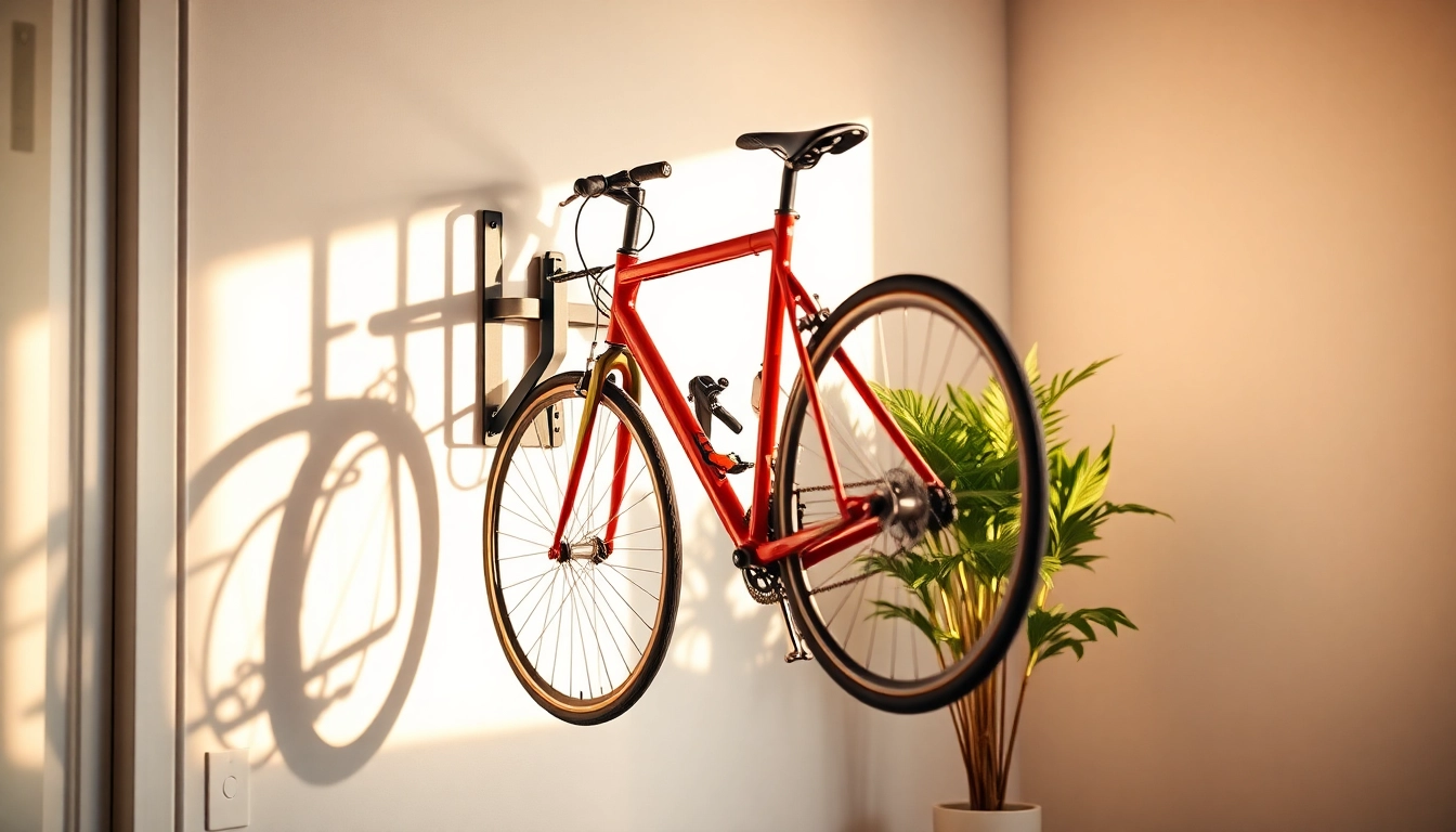 Showcase of a bike wall mount with a stylish design in a modern home setting.