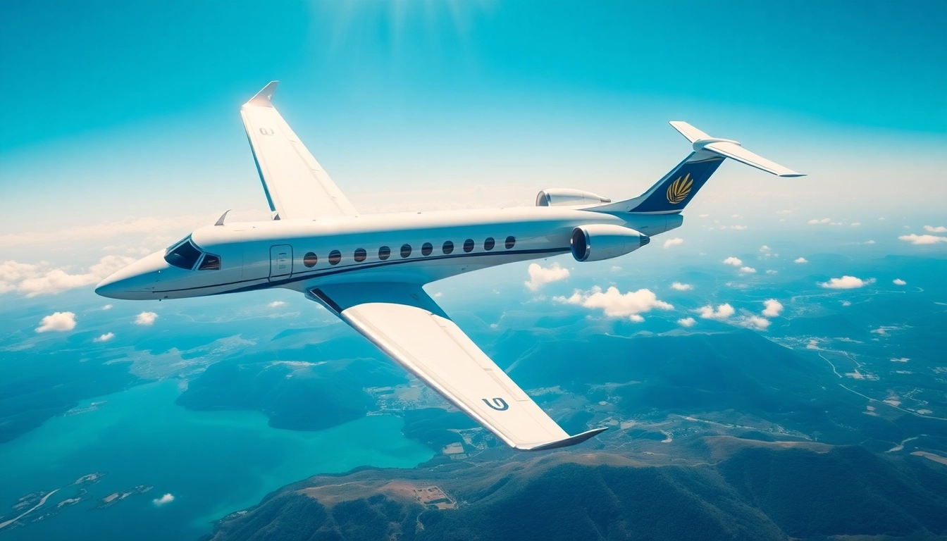 Experience luxury private jet rental with a sleek aircraft flying against a stunning landscape.