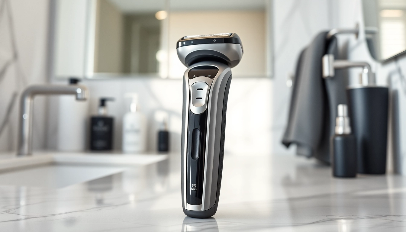 Electric Shaver for Men placed elegantly in a modern bathroom, emphasizing sleek design and advanced features.
