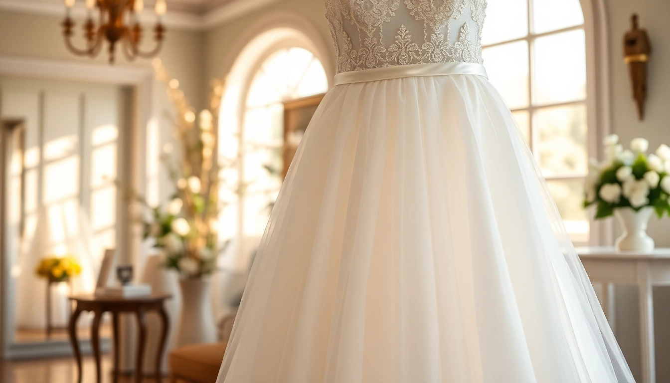 Showcasing an exquisite A-Line Wedding Dresses with lace and satin ribbon accents in a boutique.