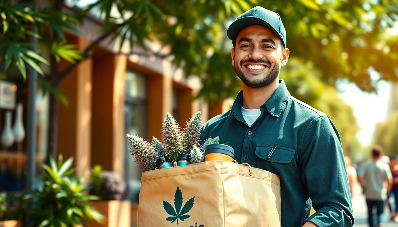 Experience seamless weed delivery with a professional driver in a lively urban setting.