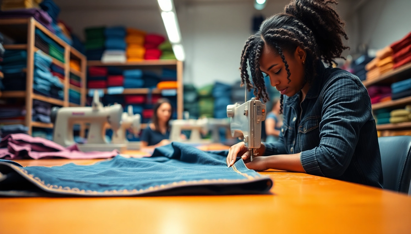 Showcasing skilled artisans in the denim jeans manufacturing process, highlighting craftsmanship and quality.