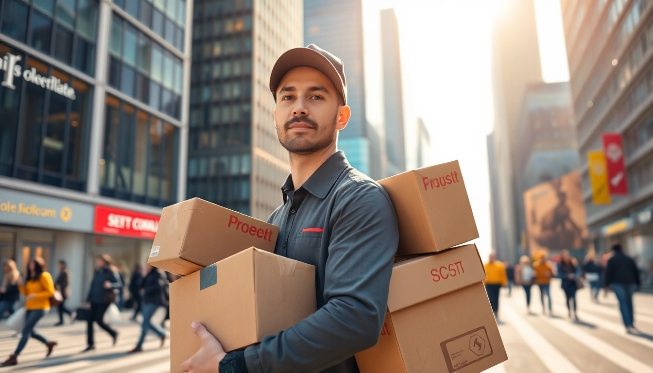 Courier delivering packages confidently in a busy urban setting.