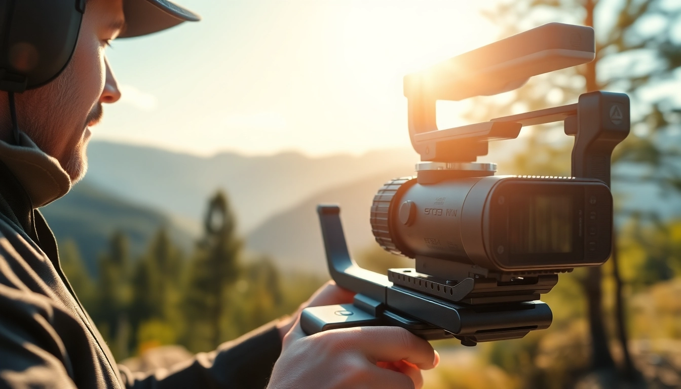Filmmaker using a gimbal camera​ in an outdoor scene with a dynamic backdrop.