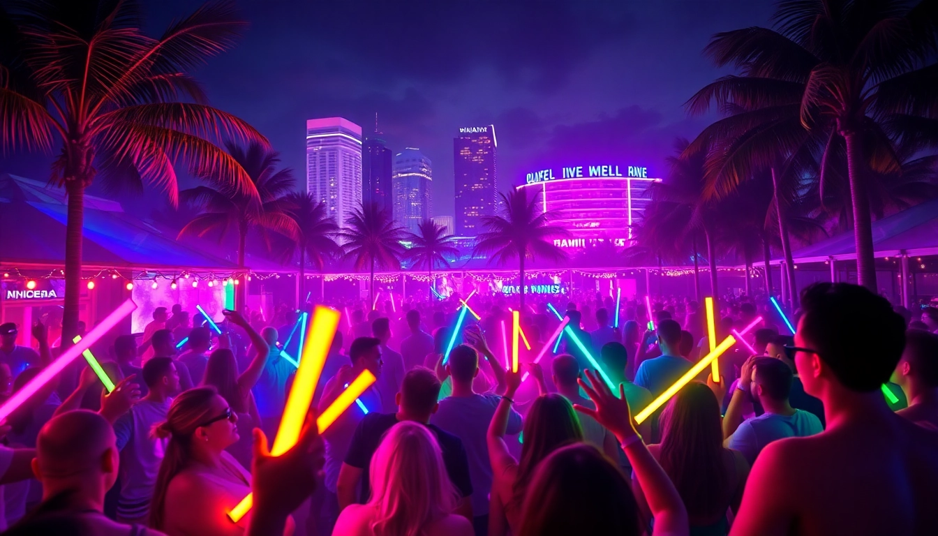 Experience the electric energy of a miami rave with vibrant lights and a lively crowd.