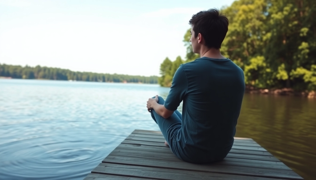 Anxiety relief illustrated through a peaceful lakeside scene with a contemplative individual.