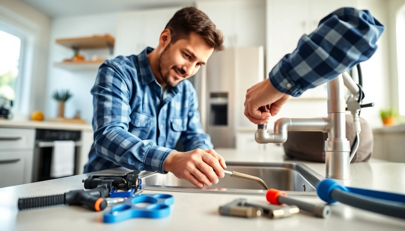 Skilled plumbers knightdale fixing a sink in a well-lit kitchen, showcasing plumbing expertise.