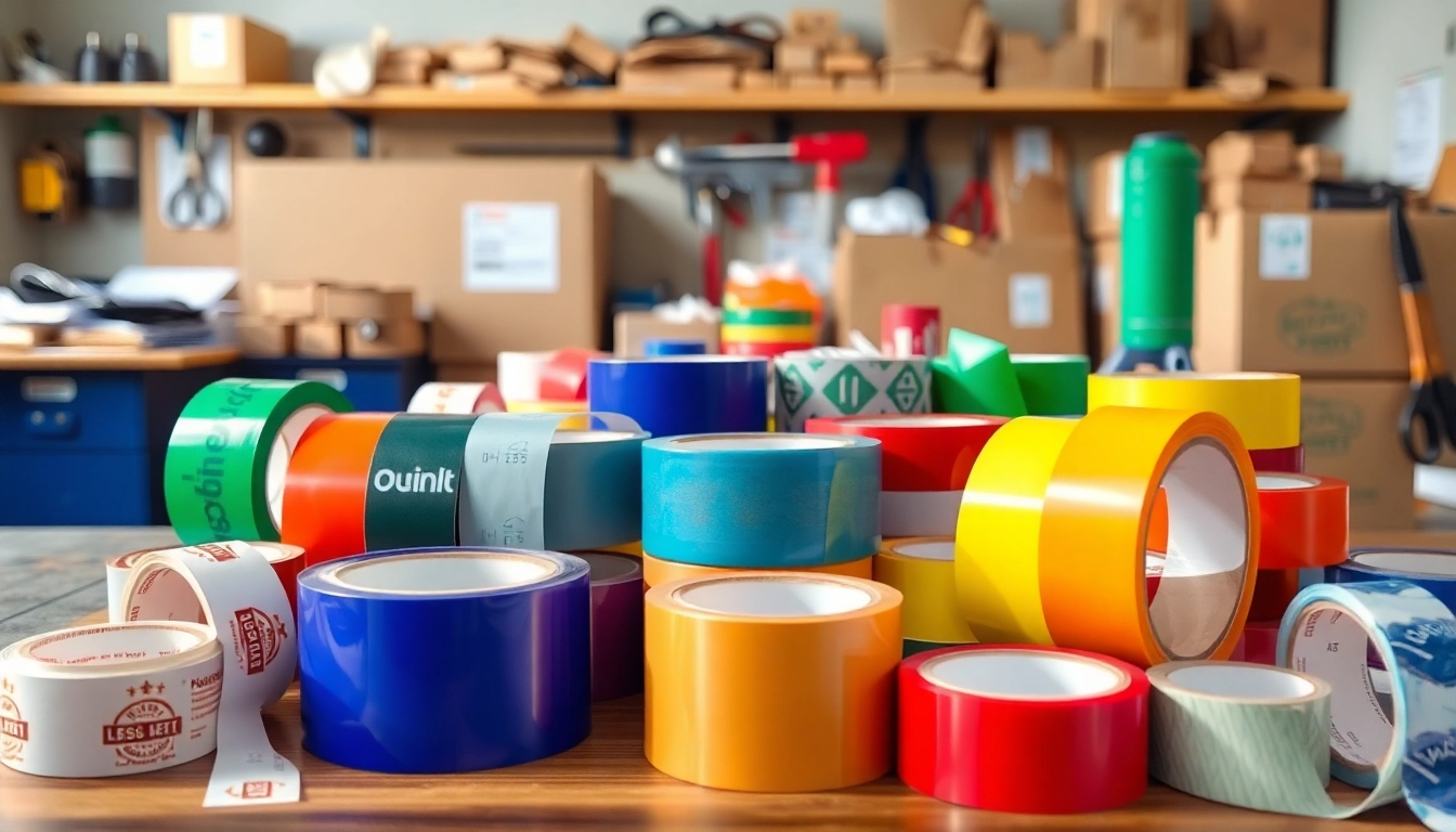 Showcase printed vinyl tape rolls with vibrant designs in a professional workspace.