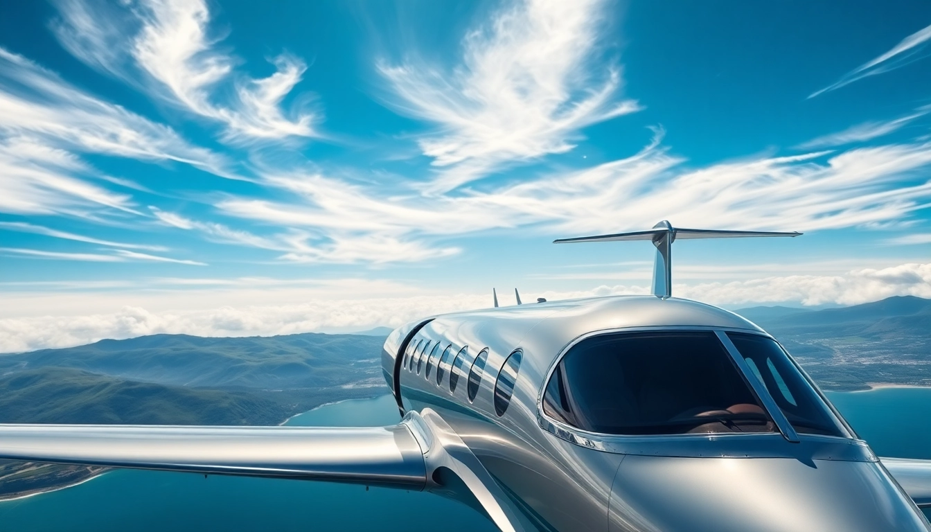 Experience luxury private jet rental with this opulent aircraft soaring through a clear sky.