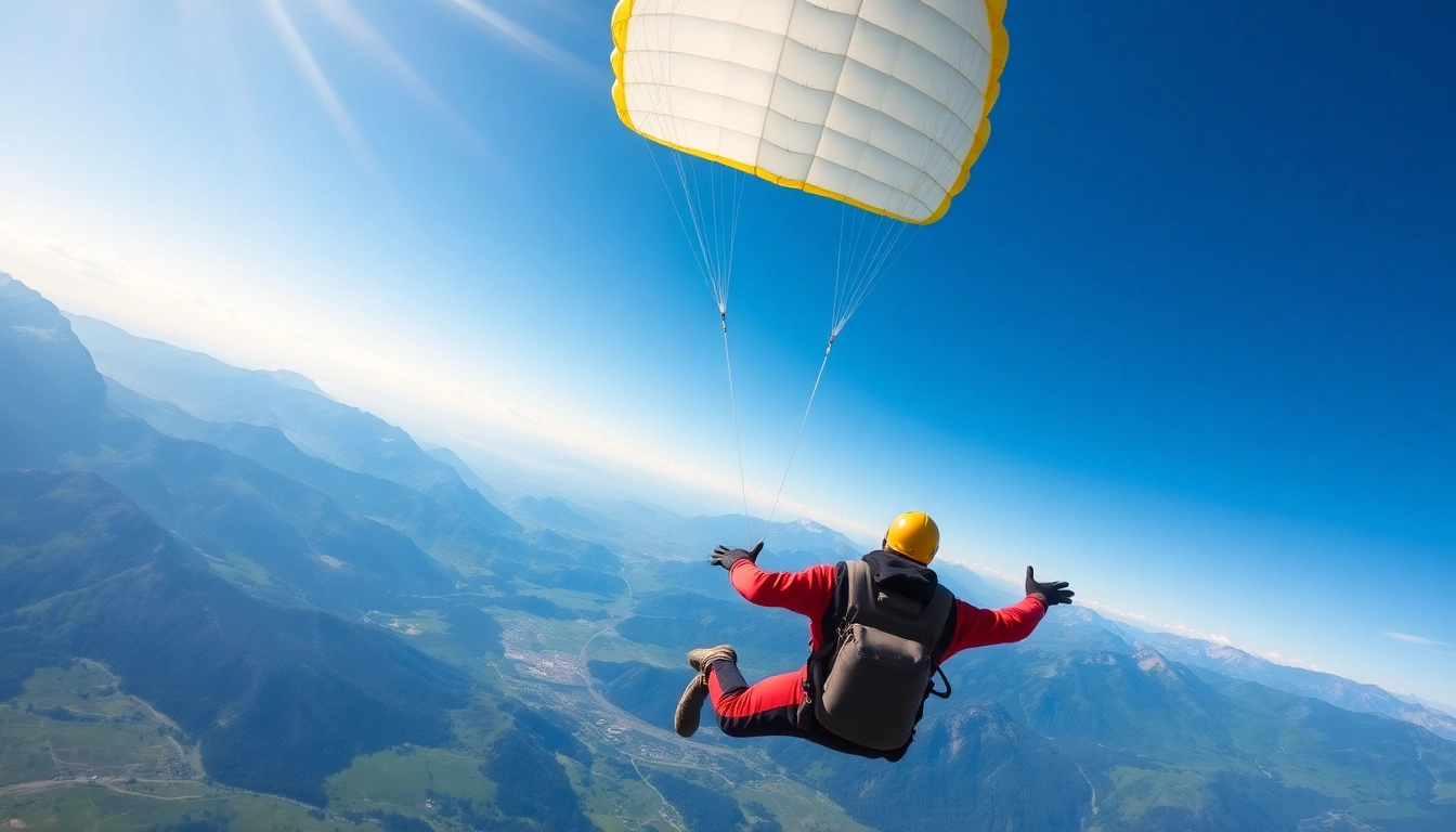 Odkrijte adrenalin pri tandemski skok s padalom z razgledom na čudovito pokrajino.