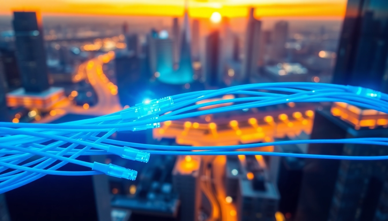 Showcasing Sonic Fiber technology with vibrant fiber optic cables in a modern cityscape.