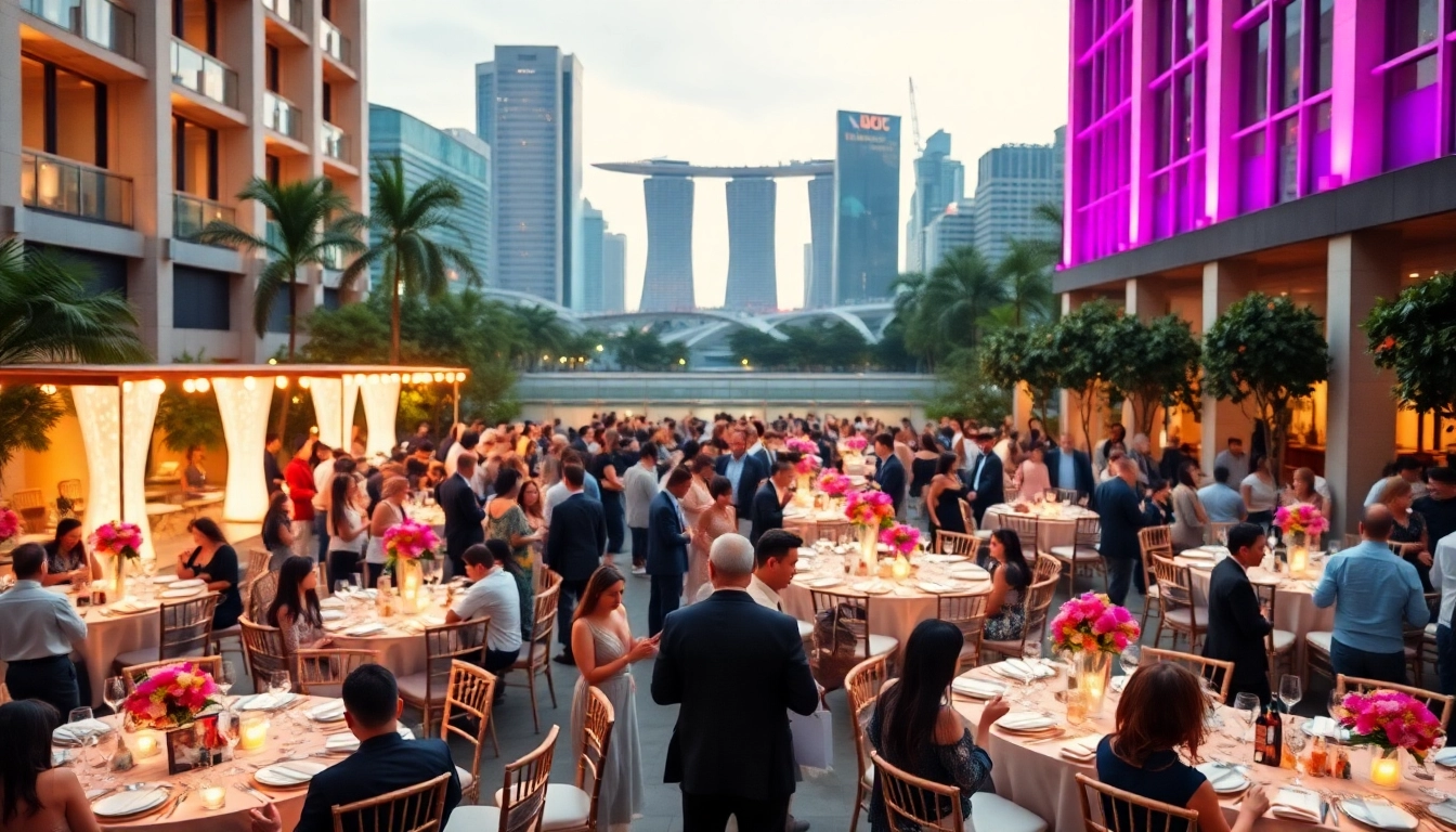 Event organizer Singapore coordinating an elegant outdoor event with vibrant decorations and engaged guests.