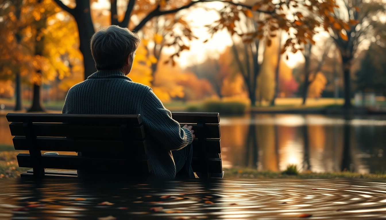 Person reflecting on life's challenges while dealing with grief by a peaceful lakeside.