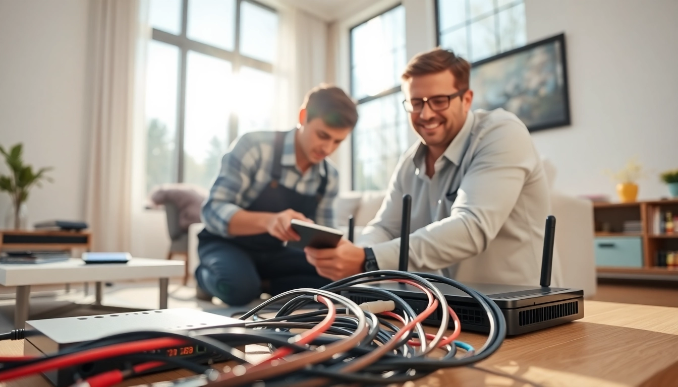Visual representation of sonic internet installation with a technician setting up fiber optic equipment in a home.