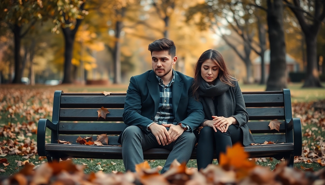 Couple reflecting on their relationship breakup in a peaceful park setting.