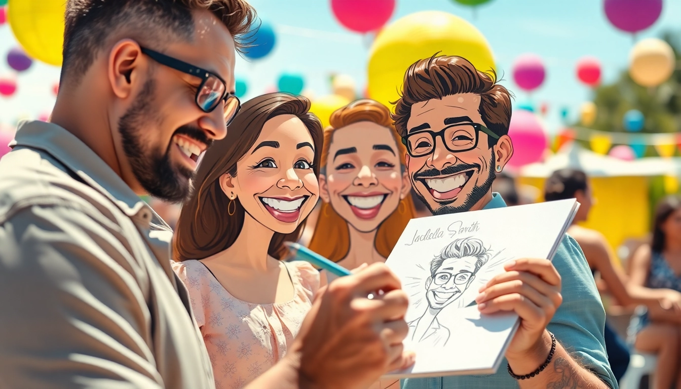 Caricature Artist sketching a couple at an outdoor event with vibrant colors and lively atmosphere.