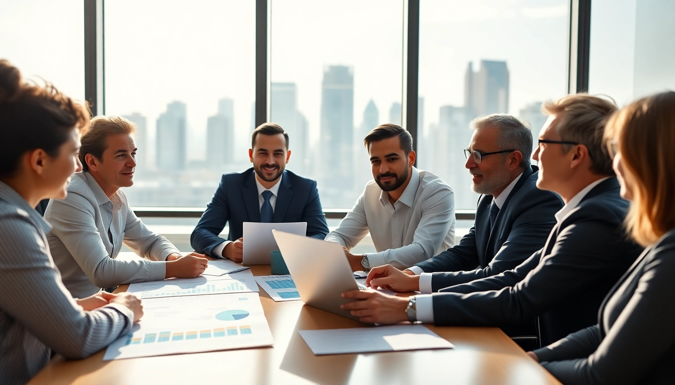 Members of a real estate investment group engaging in strategic discussions with city skyline in the background.