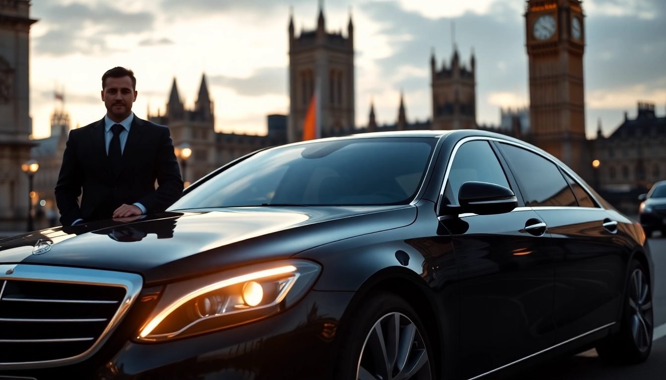Private chauffeur London elegantly awaiting clients next to a luxury sedan in front of a landmark.