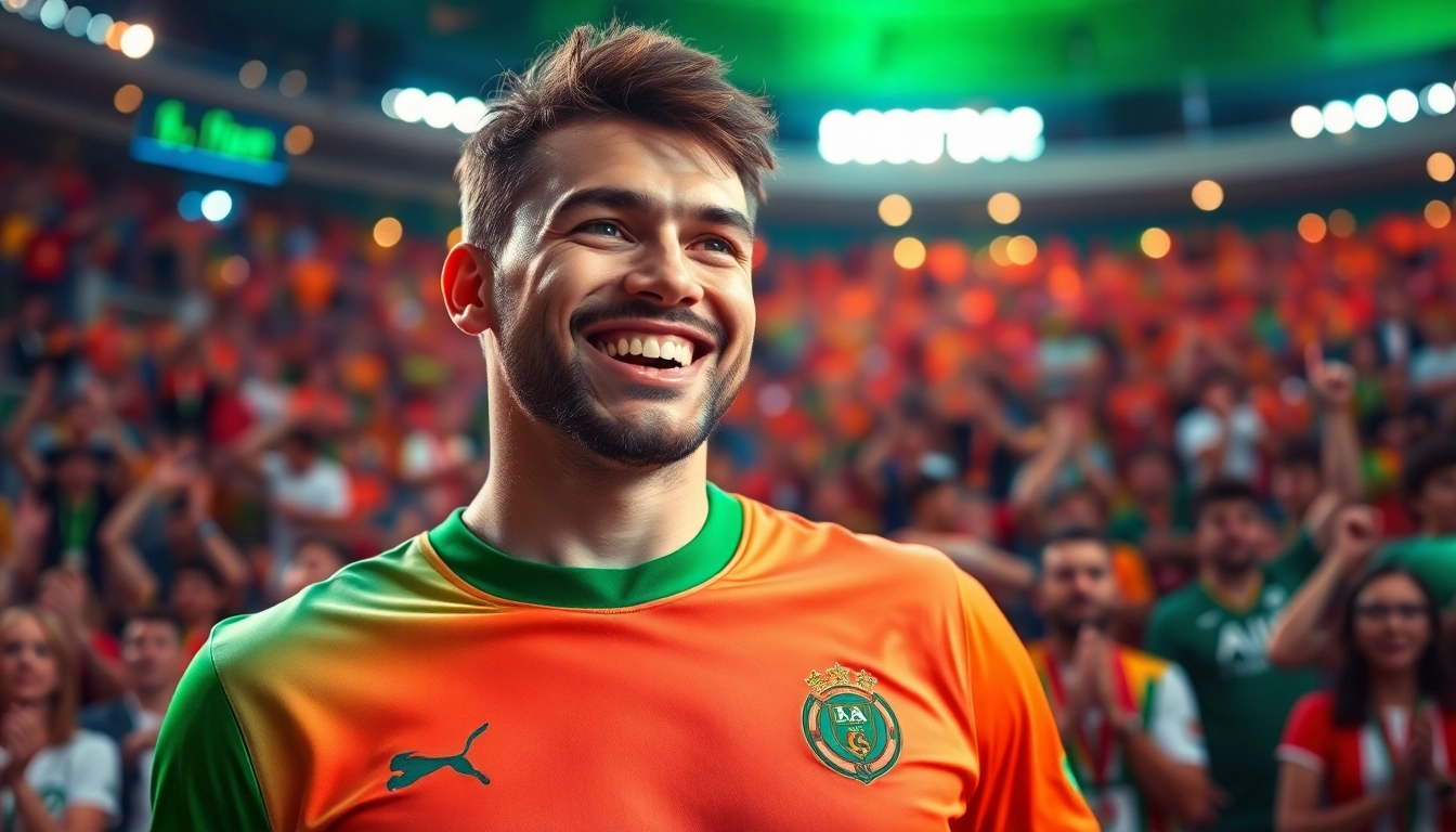 Cheering fan proudly wearing Cheap Football Shirts in a lively stadium atmosphere.