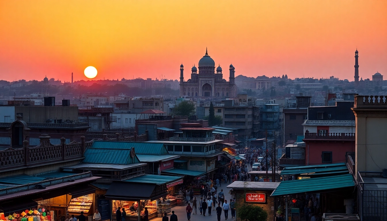 Capture the vibrant culture and skyline of Karachi in a bustling market scene.