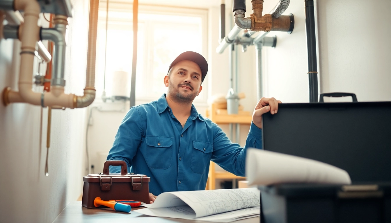 Inspecting plumbing Lacey Wa in a bright, professional setting with visible tools and blueprints.