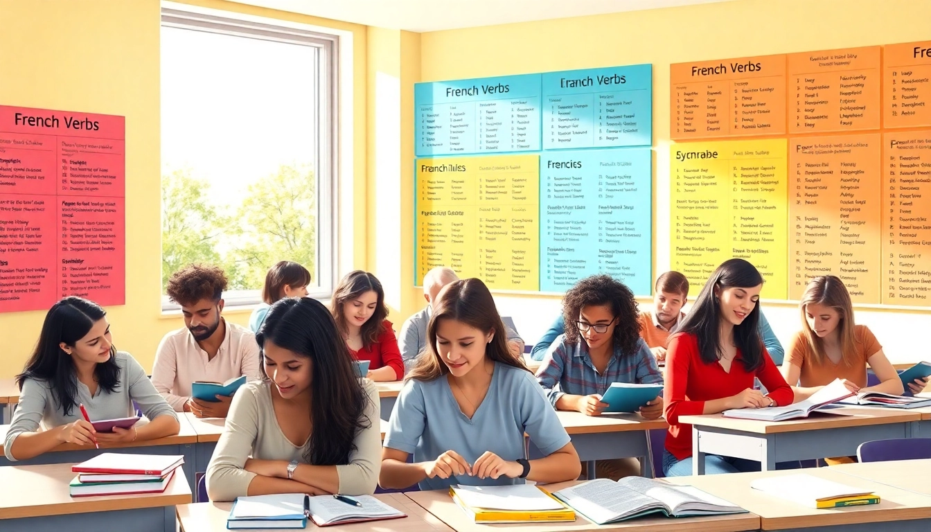 Engaged students learning French Verbs in a vibrant classroom setting.