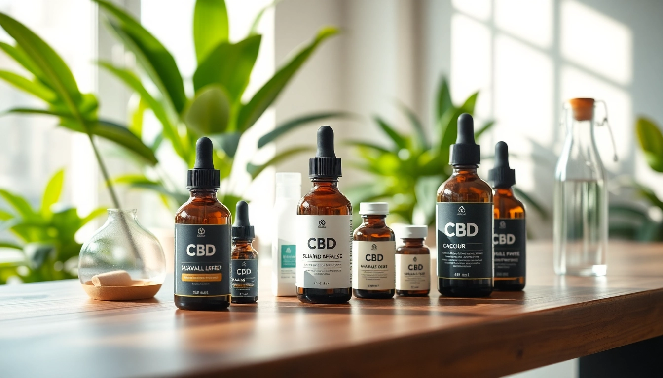 Showcasing CBD UK wellness products on an elegant wooden table in a bright studio setting.