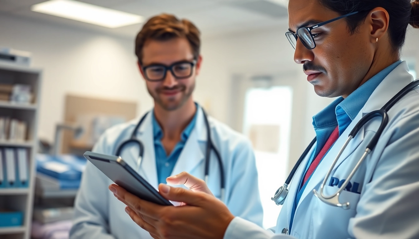 Doctor utilizing electronic prescribing systems in a modern clinic for patient care.