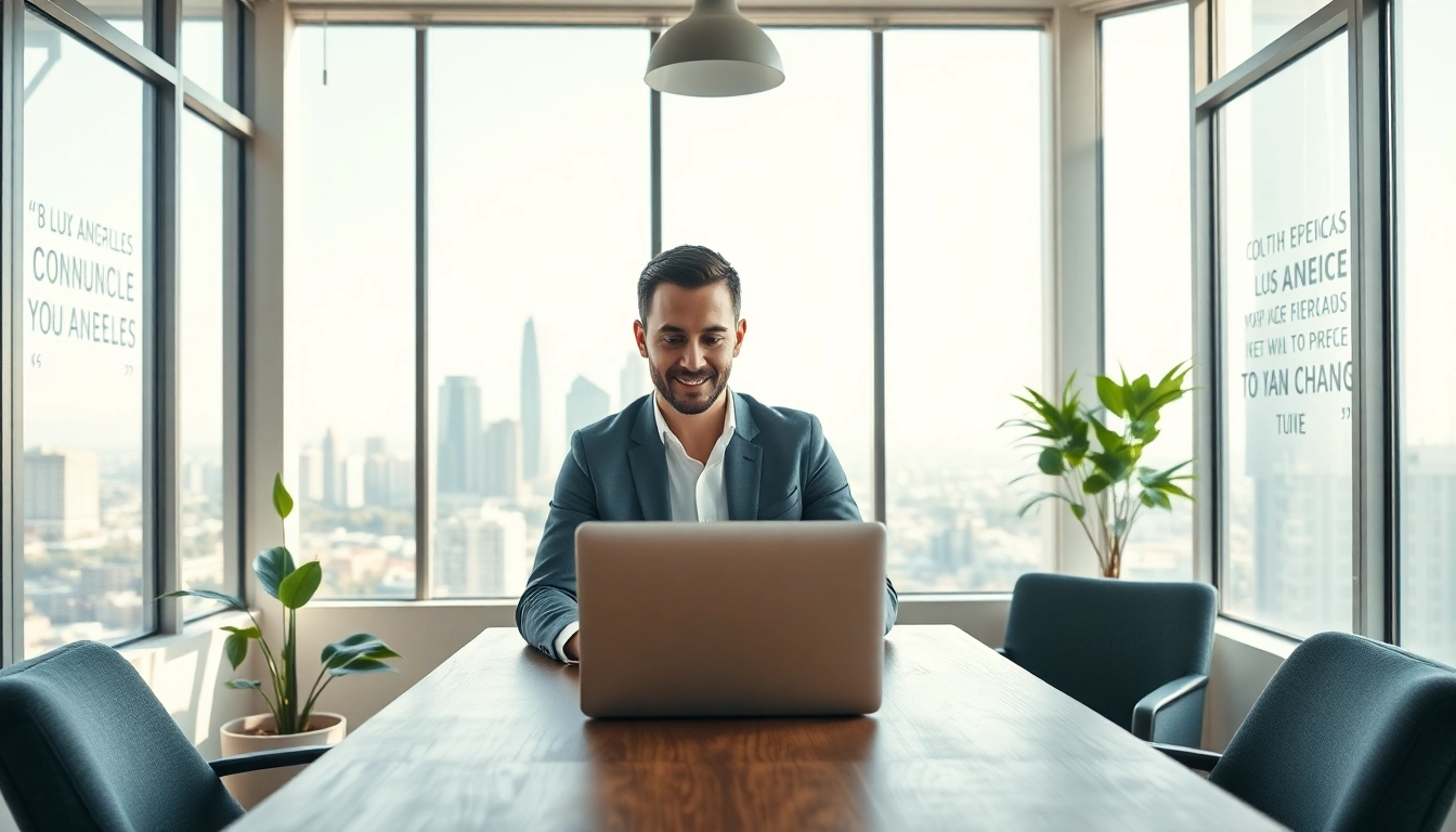 Engaging scene of a business coach los Angeles guiding clients in a bright office setting.