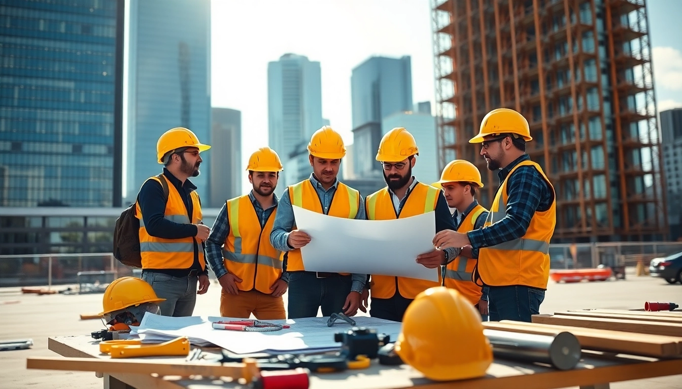 Illustration of construction association denver professionals collaborating on a building project in the city.