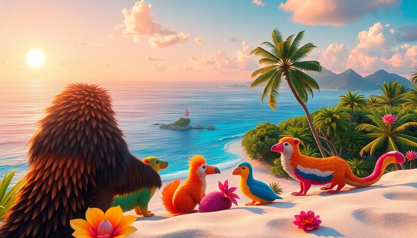 Menggambarkan keindahan 토토피아 dengan hewan-hewan ceria dan pemandangan pulau yang menakjubkan.