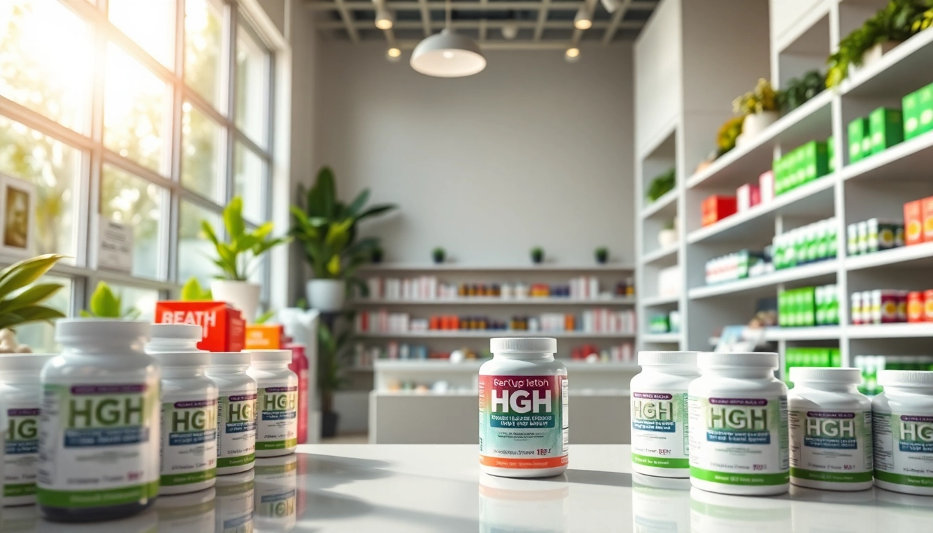 Browse high-quality HGH FOR SALE in a vibrant health shop setting with organized displays.