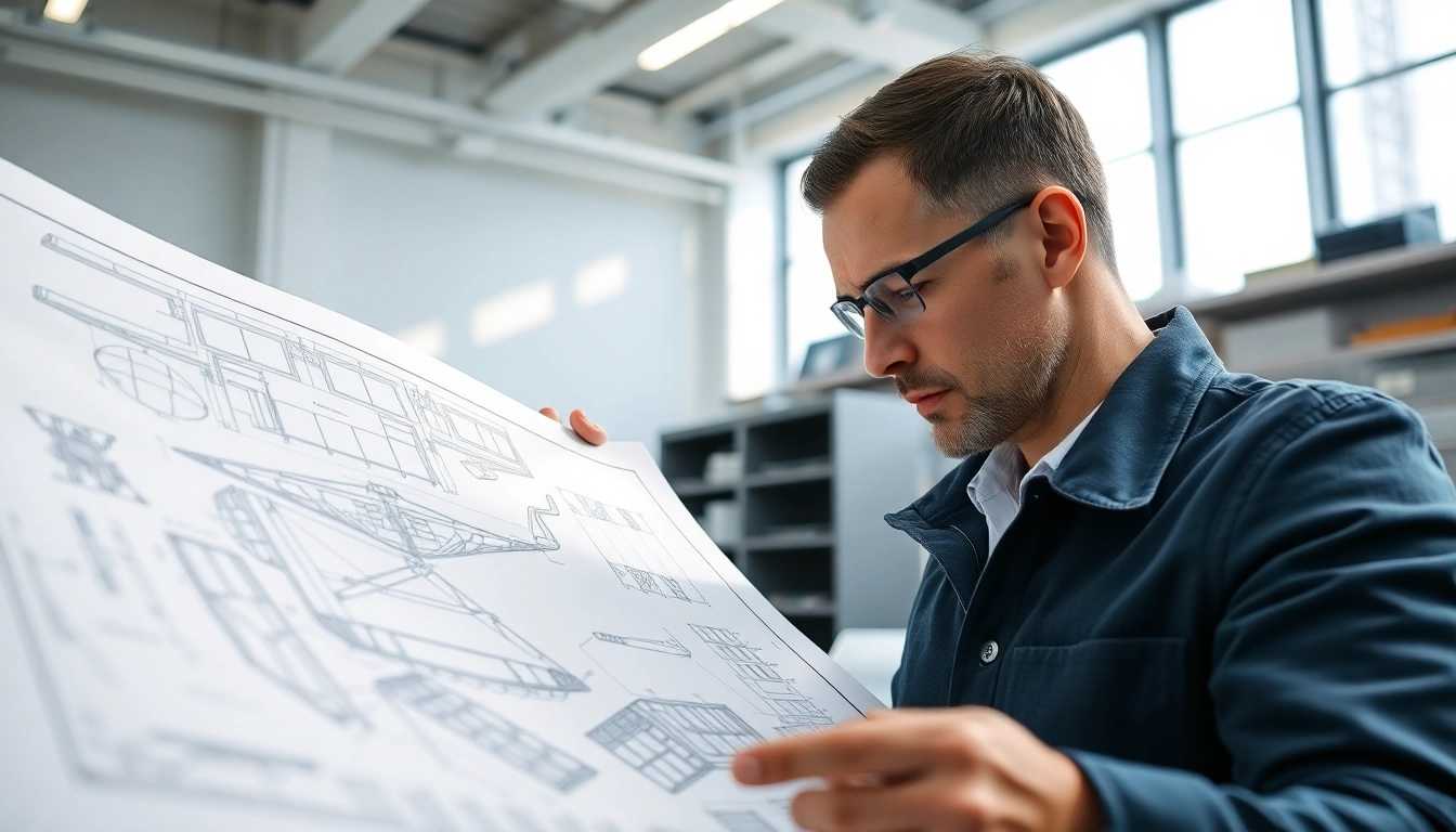 Engineer analyzing das 142 blueprint in a modern office setting with detailed designs.