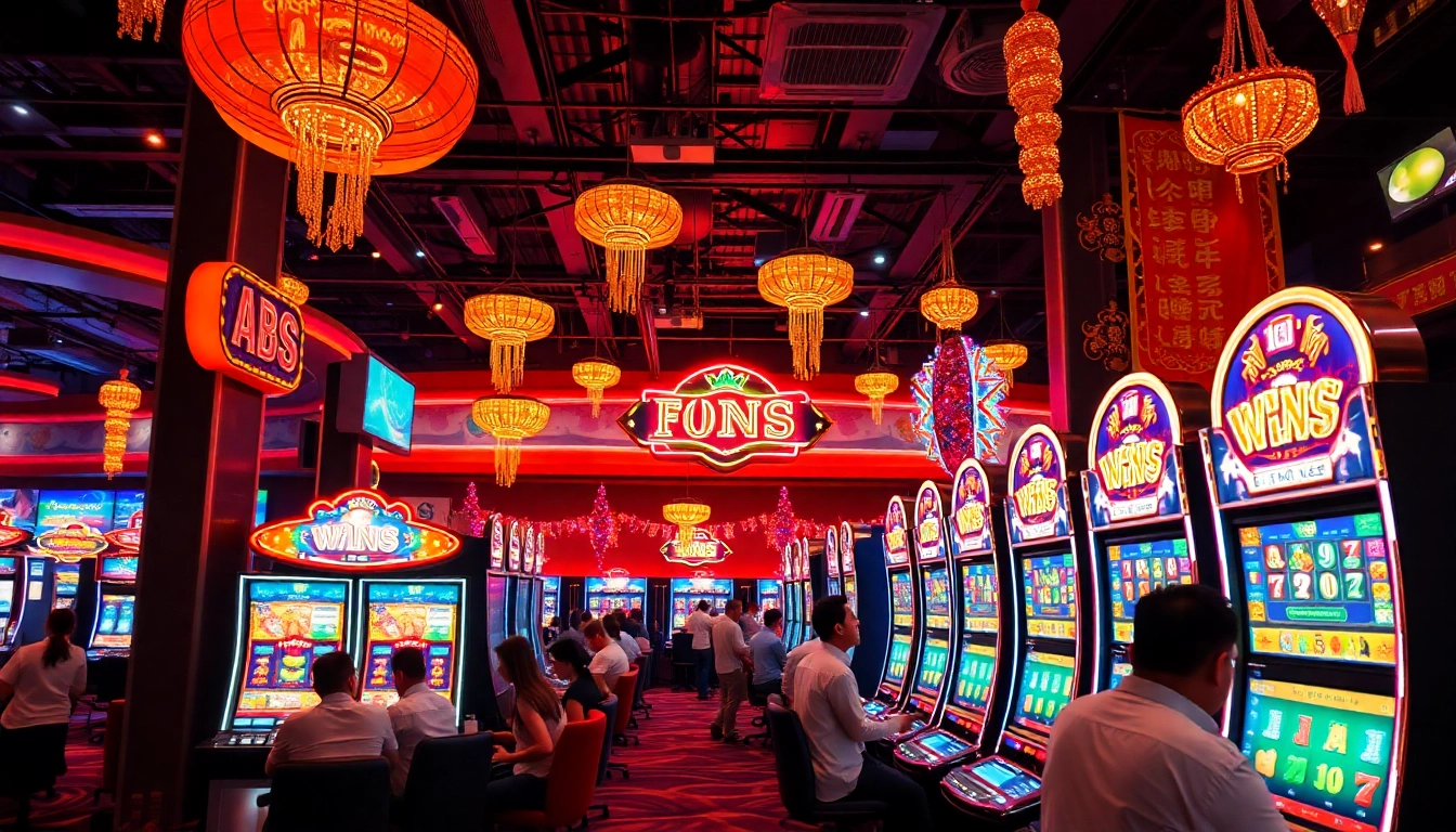 เล่นสล็อตรวยเร็ว trong một sòng bạc sáng sủa với máy đánh bạc đầy màu sắc.